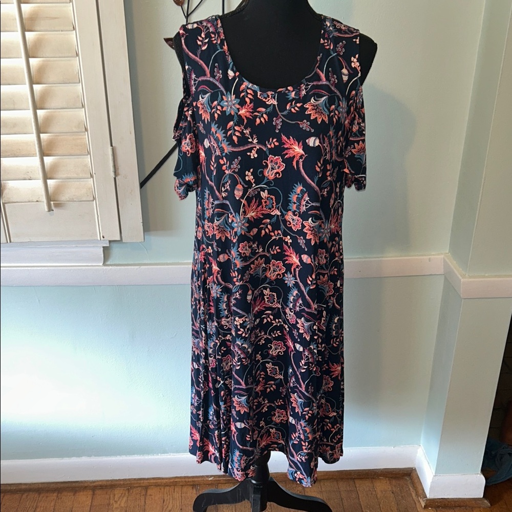 Style & Co. Navy Floral Cold-Shoulder Midi Dress